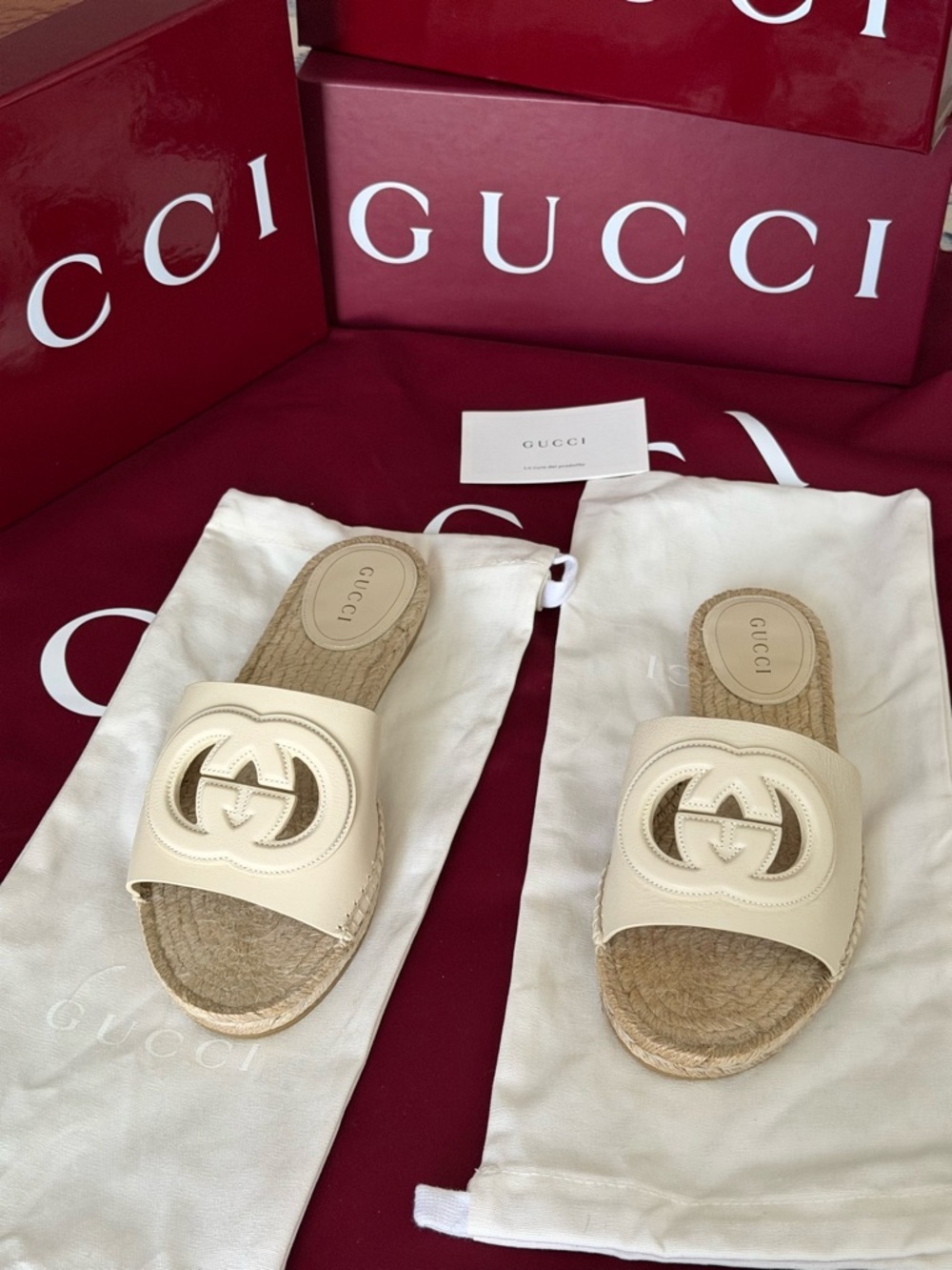 Gucci Women's Cream Leather Espadrille Slide Sandals 38.5 NIB